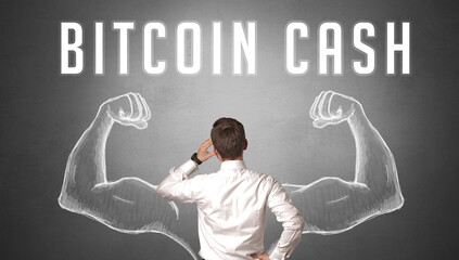 Rear view of a businessman with BITCOIN CASH inscription, powerfull business concept