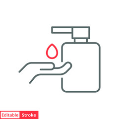 Hand sanitizer icon, line style. Washing hand with sanitizer liquid soap. Vector illustration. Design on white background. Editable stroke EPS 10