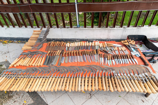Various kinds of knives are sold in traditional Indonesian markets