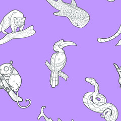 animalistic pattern with Hornbill, tarsier, whale shark, cat and snake on pink background. Vector illustration. Cartoon style. Textile.