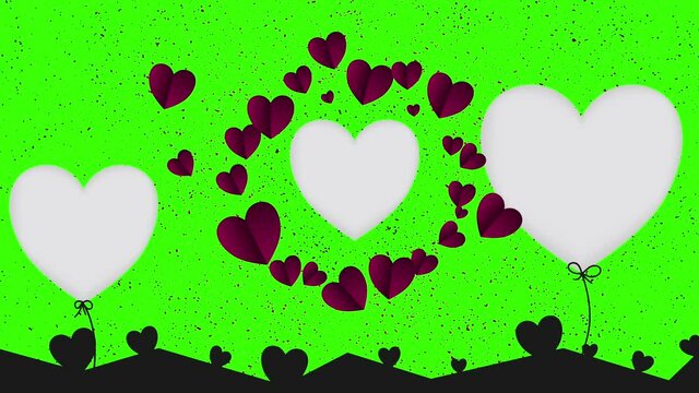 Animated hearts balloon and frame with dotted background, green screen 