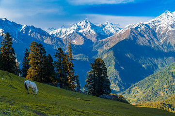 Landscape in the mountains. The snow-capped high mountain of the Himalayan range of India, amazing...