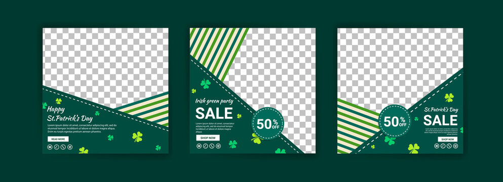 Collections of social media post templates for St.Patrick's Day, sales promotions on St. Patrick's day and have a lucky day.