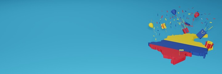 Obraz premium Map of Colombia combined with flags for social media and website background covers, additions Balloons, gift boxes and bags to celebrate National Shopping Day and National Independence Day in 3d rende