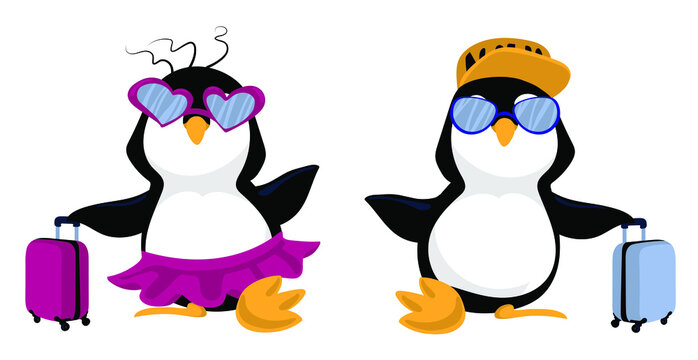 Lovely penguins  on vacation with suitcases. Penguins boy and girl are flying on a journey. 
Penguins with glasses and a cap.Humor illustration. Print for T-shirts, sweatshirts, sweaters. 
