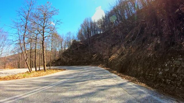 Beautiful nature POV drive, woodland, winter mountain landscape with thin bare trees, curvy asphalt road, flickering sunlight clear blue sky, car travel gopro point of view