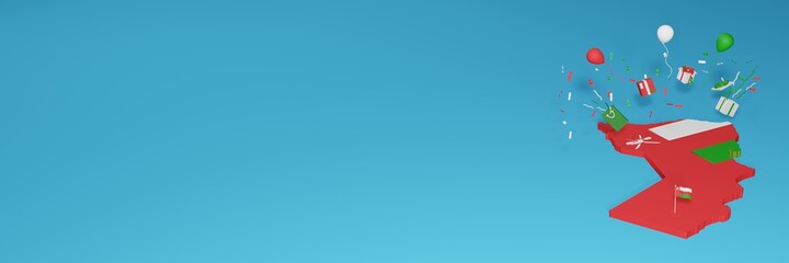Map of Oman combined with flags for social media and website background covers, additions
Balloons, gift boxes and bags to celebrate National Shopping Day and National Independence Day in 3d rendering