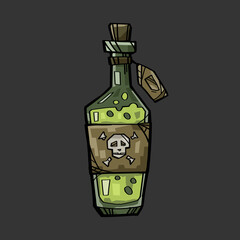 A bottle of green poison and a label with a skull on it. The illustration is made in a cartoon style