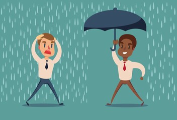 Man in the rain. Businessman go from the rain while another businessman has the umbrella. Vector flat design illustration.