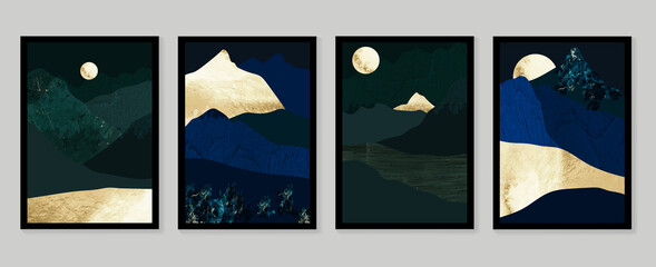 Luxuriöse Goldtapete. Schwarzer und goldener Hintergrund. Bergwandkunstdesign mit dunkelblauer und grüner Farbe, glänzender goldener heller Textur. Wandtapete der modernen Kunst. Vektor-Illustration. © TWINS DESIGN STUDIO