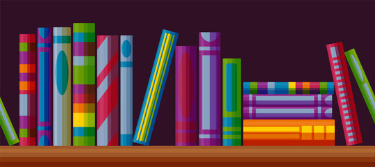Bookcase shelf seamless pattern. Horizontal pattern with books in cartoon style. Vector illustration on dark background