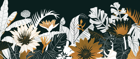 Luxury gold and black lotus background vector. Golden lotus wall art. Vector illustration.