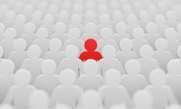 Red man color figurine among crowd white men people background. Social lifestyle and business competition and strange person concept. Human character symbol theme. 3D illustration rendering.
