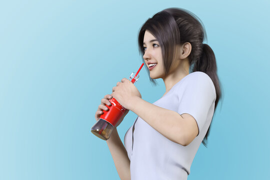 黒髪の日本人女性が髪の毛をポニーテールにして炭酸飲料の入ったペットボトルに赤いストローをさして元気よく飲んでいる