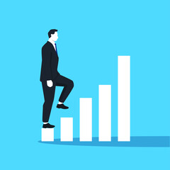 walking businessman with bars graph. Simple trendy color flat style on blue background. Business and finance concept. Designed vector illustration.