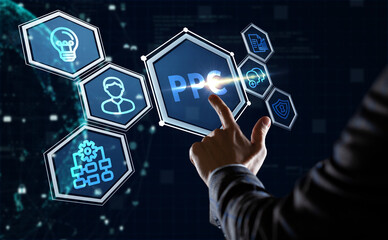 Pay per click payment technology digital marketing internet concept of virtual screen. PPC
