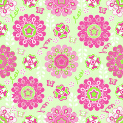 Fototapeta na wymiar Springtime summer lively lovely beautiful pink flower floral ornament garden with butterfly seamless vector pattern design. Room wallpaper. Card. Notebook cover. Textile and fabric.