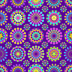 Colorful geometric floral ornament mandala flower on a purple background seamless vector pattern design. Room wallpaper. Card. Notebook cover. Textile and fabric.