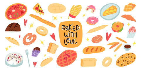 A big cartoon bakery and a pastry set. Various traditional American, Italian, Belgian, German, Spanish pastry, desserts.