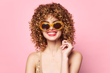 Woman portrait Smile trendy glasses curly hair Studio charm 