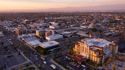 Sunset aerial view of downtown Downey, California, USA.