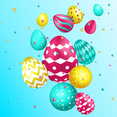 Easter colored bright 3D eggs. Square Template for postcard, congratulations, post on social networks