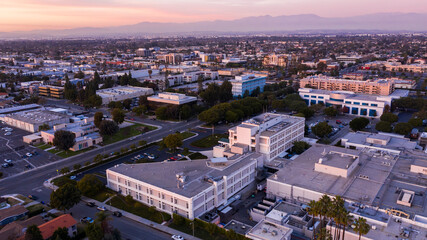 Sunset aerial view of downtown Downey, California, USA.