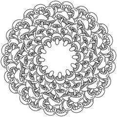 Mushroom mandala, coloring page in the form of a round frame of mushrooms with thick caps