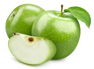 Fresh green apple and cut in slice with leaf isolated