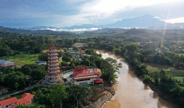 view of the tuaran town and mount kinabalu