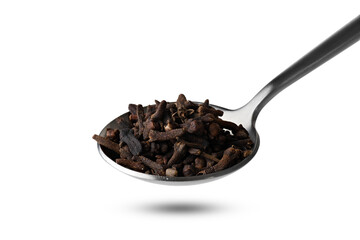 fragrant spice clove in metal spoon isolated on white background