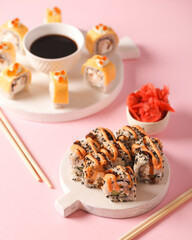 Japanese food. Sushi and rolls. Sets from the roll. Beautiful serving of Asian cuisine