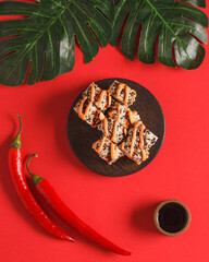 Japanese food. Sushi and rolls. Sets from the roll. Beautiful serving of Asian cuisine