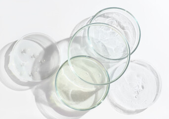 glass Petri dishes witn agar substrat on a laboratory table. sterile lab dishes ready for tests. analysis and chemical experiment. cell culture growing equipment. top view. medical lab concept.