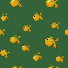 Fototapeta na wymiar Seamless pattern with cute fish on green background. Vector cartoon animals colorful illustration. Adorable character for cards, wallpaper, textile, fabric. Flat style.