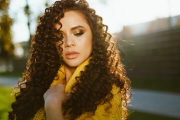 close-up. The luxurious seductive beauty lowered her look with wonderful eyes and opened her lips...