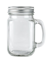 Glass jar. Mason Jar for drinking. Empty glass jar with lid and handle good for smoothie. White isolated background. 