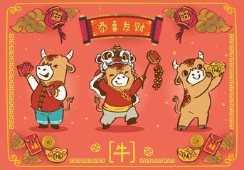 Naklejka premium chinese new year cow ox bull celebration character and element set