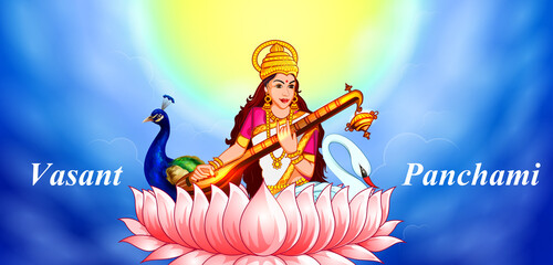 vector illustration of Goddess Saraswati for Vasant Panchami Puja of India