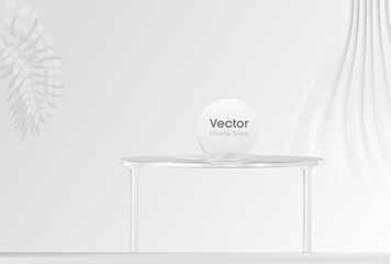 Interior design 3d Scene. Table, mirror, and stand with paper. A pedestal for advertising cosmetics. Palm leaves, minimal style