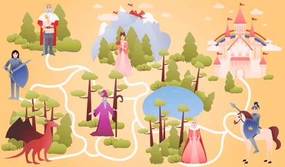  Fantasy dreamlike world map, riddle for kids, help khight find way to princess, colourful educational game for print © Lozovytska