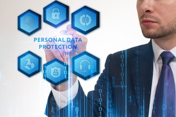 Business, Technology, Internet and network concept. Young businessman working on a virtual screen of the future and sees the inscription: Personal data protection