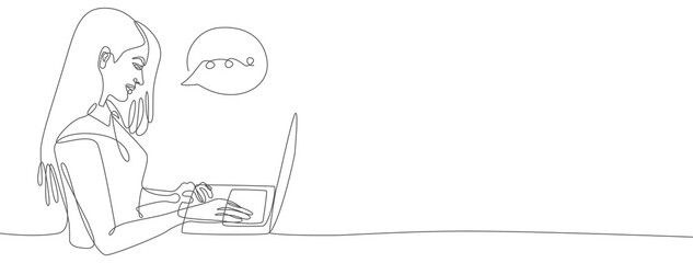 Business woman is typing on computer single line art vector illustration