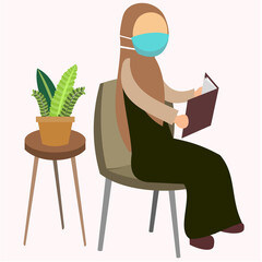 Muslim women wearing hijabs and masks are reading books and sitting on chairs. Flat vector illustration