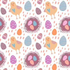 Gordijnen Vector illustration seamless pattern on the theme of Easter. Nest with colored eggs and chicken. For poster and congratulation.. © Olga Shelukhova