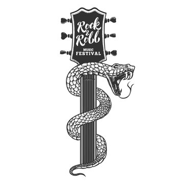 Illustrations of snake on guitar head. Design element for poster, card, banner, sign. Vector illustration