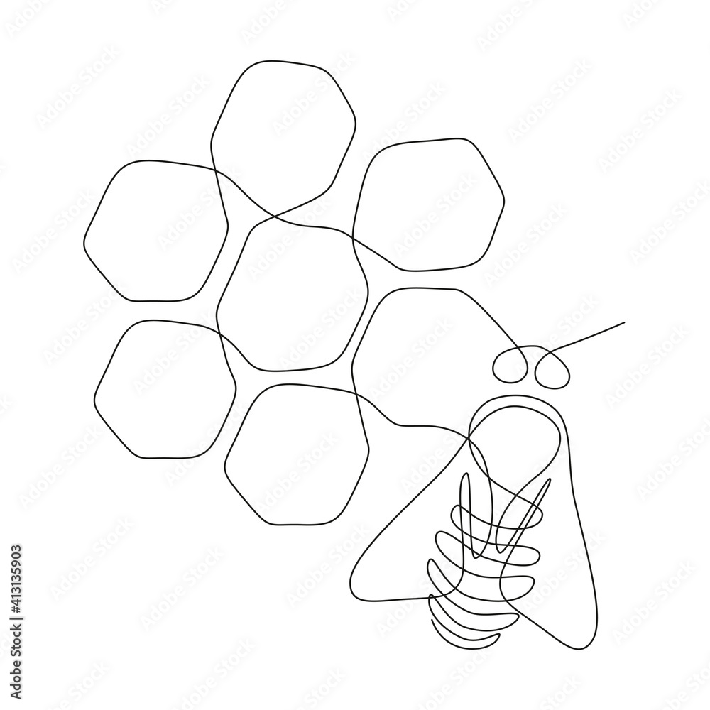 Poster One single line drawing of bee with honeycomb. Honeybee farm icon concept from wasp animal shape. Trendy continuous line art for logo or emblem. Vector illustration