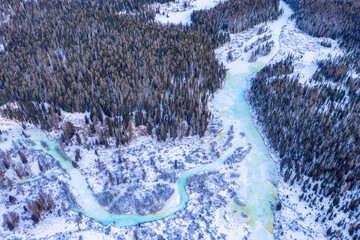 Aerial view of confluence Multa river and Krepkaya river in winter. Altai Republic, Siberia, Russia.