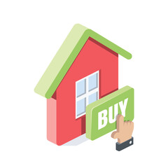 Buying a house, button hand. Vector 3d isometric, color web or print icons, new flat style. Creative illustration, idea for infographics.