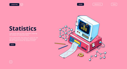 Statistics banner. Service for data analysis and research, statistical information. Vector landing page with isometric illustration of retro computer with printer, graph and diagram on screen